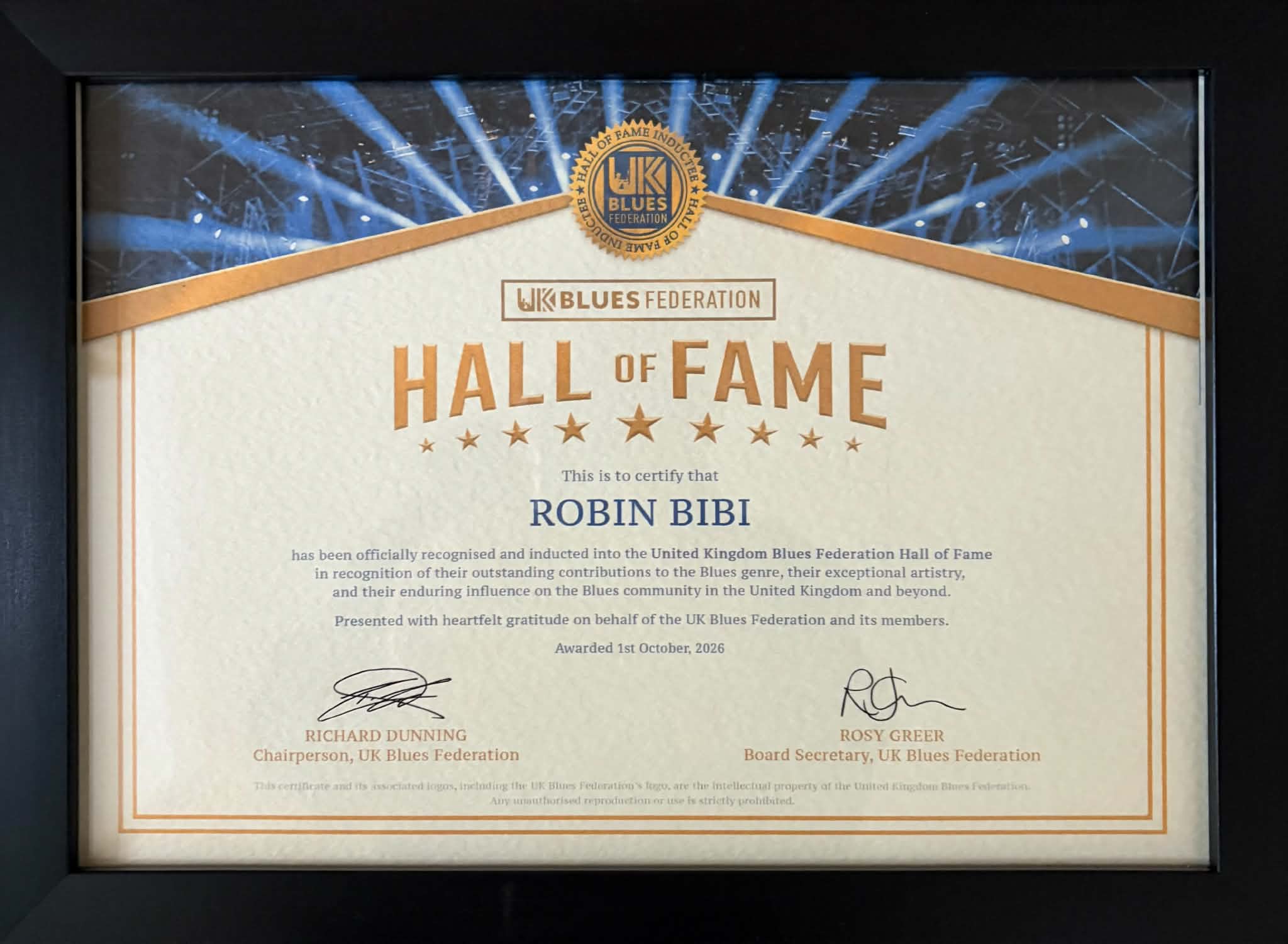 Framed UK Blues Federation Hall of Fame certificate presented to Robin Bibi, awarded 1st October 2026